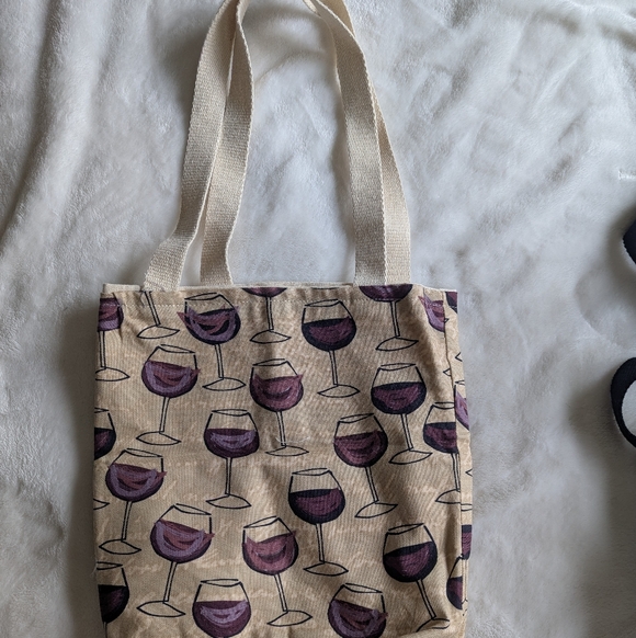Handbags - Canvas Wine Glass Print Tote Bag in Purple and Cream